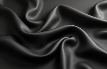 Obraz premium Elegant black satin fabric with smooth texture and flowing wavy surface. Dark grey color. Silky curves of draped cloth material. Luxury minimalist background for web design template.