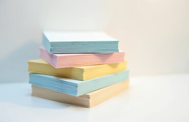 Stack of pastel color lined paper notes lie on white surface. Stationery for office, school, education. Back to school concept, study, learning, homework. Student workplace, teacher table. Office