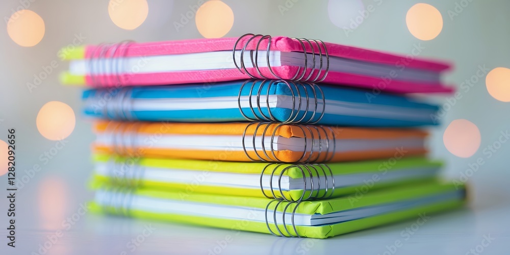 Poster colorful stacked notebooks with spiral binding on a blurred background during daylight