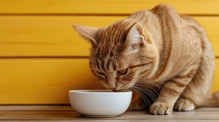 Cat sits on the wooden floor and eats from a white bowl, yellow wooden wall background