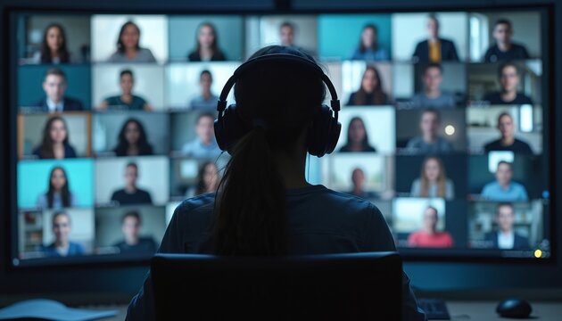 Woman wearing headset views virtual classroom grid on computer screen. Online education via interactive video call. Modern workspace tech for remote digital communication. Diverse participants attend