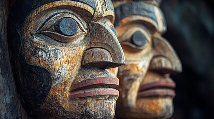 Carvings of traditional masks showcase artistry and cultural heritage