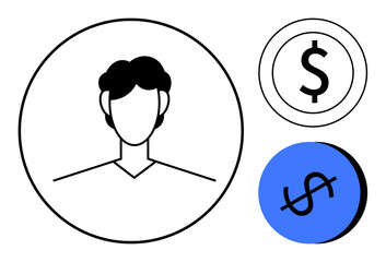 Human silhouette inside a circle, adjacent to black dollar sign inside circular frame, lower right blue circle with crossed dollar sign. Ideal for finance, economics, business, personal finance