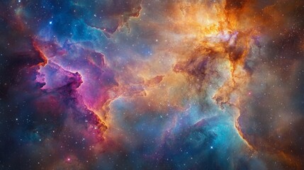 Astronaut floating in cosmic nebula, vibrant colors swirling around, vast and infinite, celestial and mysterious