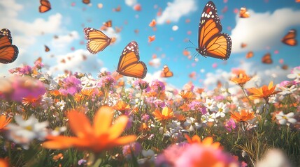 A swarm of butterflies dancing over a field of blooming