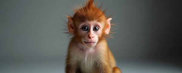 Adorable baby monkey portrait with spiky hair in studio on neutral backdrop. Cute small animal, endearing, evokes emotion, gleeful. Furry creature with unique style, funny, youthfulness, innocence,