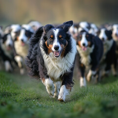 Fototapeta premium Happy Bernese Mountain Dog running with a pack in a field
