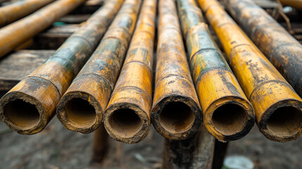 Bamboo tubes arranged on a wooden structure in a natural setting during daylight hours