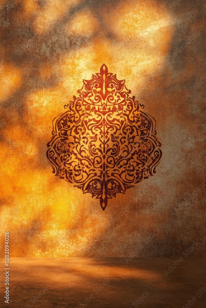 Poster an intricate arabesque design casts enchanting shadows across a warm, textured wall. the soft light 