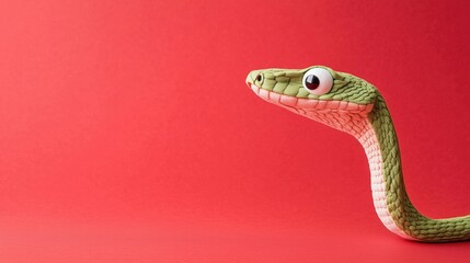 Fototapeta premium Mischievous snake displays surprise with an embarrassed expression on a vibrant red background in a whimsical illustration style