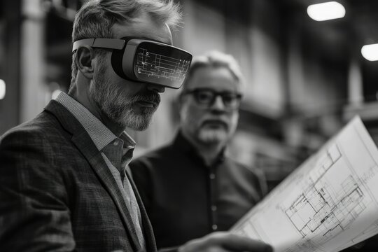 A man wearing a VR headset reviews architectural blueprints with a colleague, utilizing immersive technology for design collaboration.