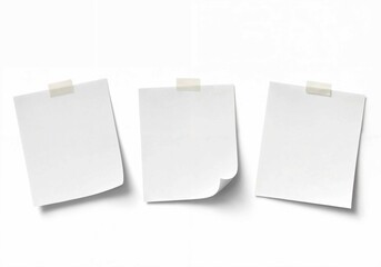 Three blank paper sheets secured with sticky tape on a clean white background