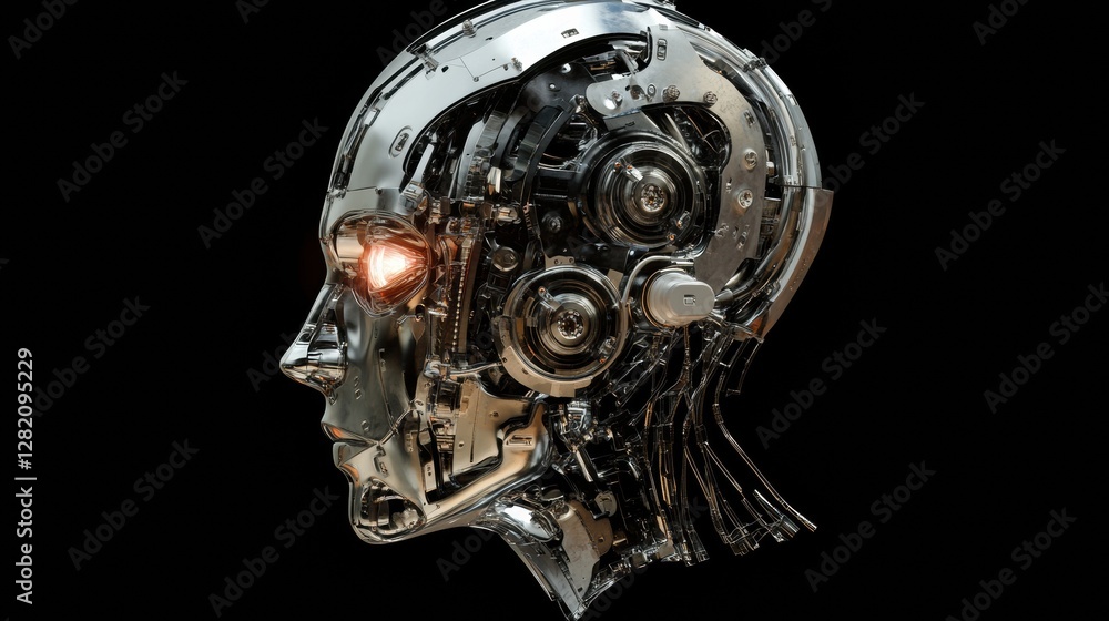 Poster intricate design of a cybernetic head showcasing advanced mechanical structures and a glowing roboti