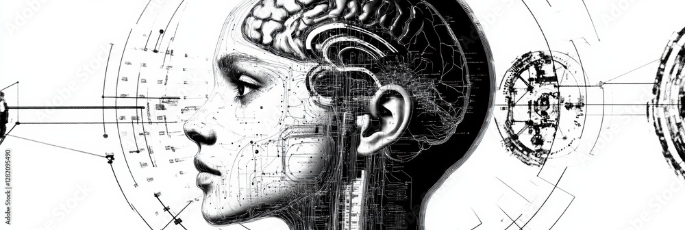 Poster Outline of a human head filled with schematics representing artificial intelligence concepts and mechanisms. Generative AI