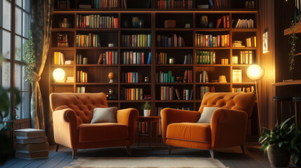 Frame Mockup Displayed in a Cozy Reading Nook Featuring Plush Armchairs, a Bookshelf Brimming with Books, and Warm Ambient Lighting, Perfect for Showcasing Literature or Cozy Home Decor Items