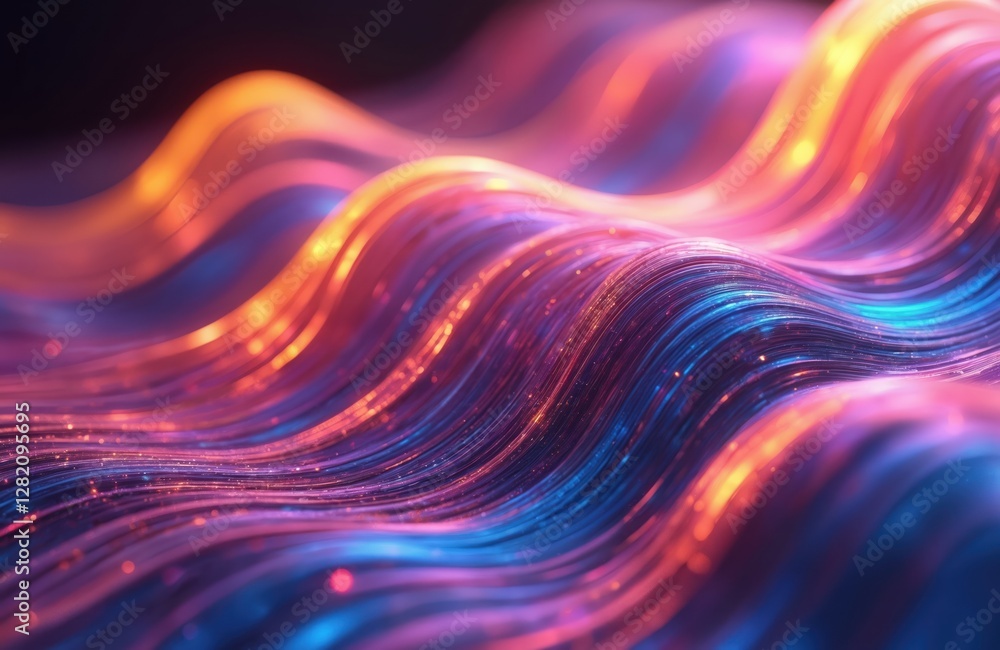 Poster iridescent neon holographic twisted wave in motion. vibrant colourful gradient design element for ba