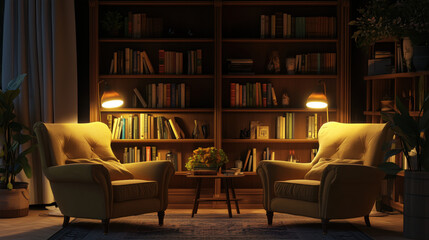Frame Mockup Displayed in a Cozy Reading Nook Featuring Plush Armchairs, a Bookshelf Brimming with Books, and Warm Ambient Lighting, Perfect for Showcasing Literature or Cozy Home Decor Items