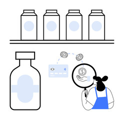 Pharmacist examining medication bottle with magnifier, with capsules and credit card icons. Ideal for healthcare, pharmacy, medication management, financial transactions, commerce, medical billing