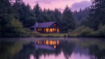 Fototapeta premium Cozy cabin by the lake at sunset with warm lights reflecting on water, surrounded by lush trees and mountains in twilight hues.