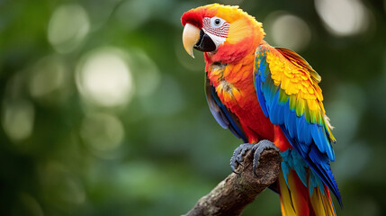 Obraz premium Colorful tropical and exotic bird (fictious species) sitting on a tree branch in the jungle.
