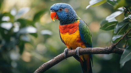 Colourful tropical and exotic bird (fictious species) sitting on a tree branch in the jungle.