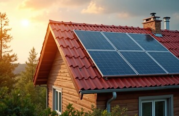 Fototapeta premium Solar panels on red roof house in sunny day. Photovoltaic solar energy system. Renewable alternative electricity generation. Green energy ecological power. Modern panel equipment residential install