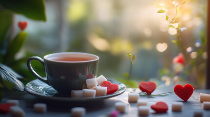 Warm cup of tea with heart-shaped sugar cubes in a cozy, sunlit setting