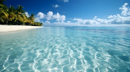 A tropical beach with crystal clear water and palm trees