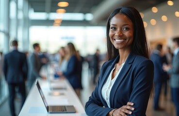 Smiling African American woman stands in modern business center. Attractive corporate executive in suit poses confidently. Successful career woman leader, event planner. Networking, management,