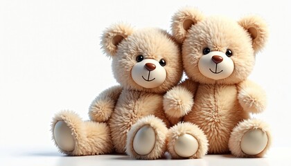 Fototapeta premium Pair of fluffy beige Teddy Bears sitting, embracing on white background. Two cute plush bears, best friends forever. Smiling toy animals for kids, birthday gift or baby shower present.
