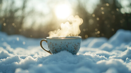 Steam rising from a cup in a winter landscape during golden hour light