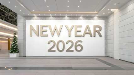 Grand indoor celebration display featuring bold holiday text arrangement in modern tiled environment with a festive accent tree