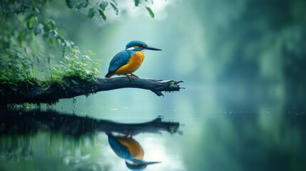 Serene Kingfisher Perched on Branch Over Tranquil Water
