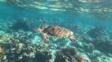 Obraz premium A turtle swimming calmly in the clear waters of a coral reef
