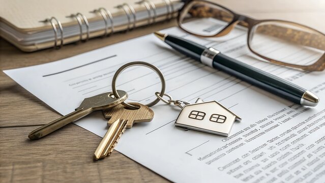 A real estate contract with a set of house keys, a pen, glasses, and a notebook on a wooden desk. Symbolizing property purchase, mortgage agreement, homeownership, and financial planning.