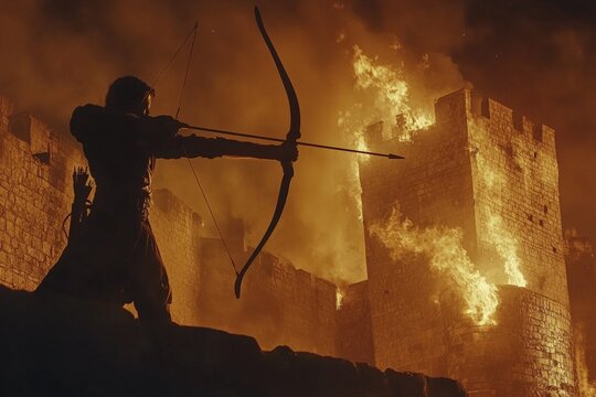 Archer prepares to shoot arrows at the burning castle during a dramatic nighttime battle scene