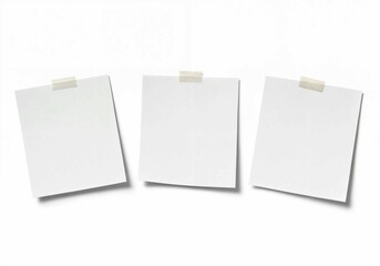 Three blank paper sheets secured with sticky tape on a clean white background