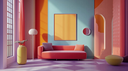 Frame Mockup Displayed in a Luxurious Mid-Century Modern Living Room Featuring Bold Furniture, Geometric Patterns, and Elegant Floor Lamps Casting Soft Light, Creating a Stylish and Inviting Atmospher