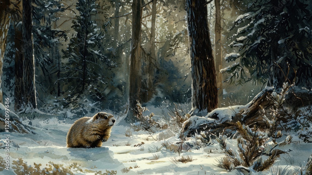 Poster a marmot wanders through a pristine, snow-blanketed forest, surrounded by tall pine trees. soft sunl