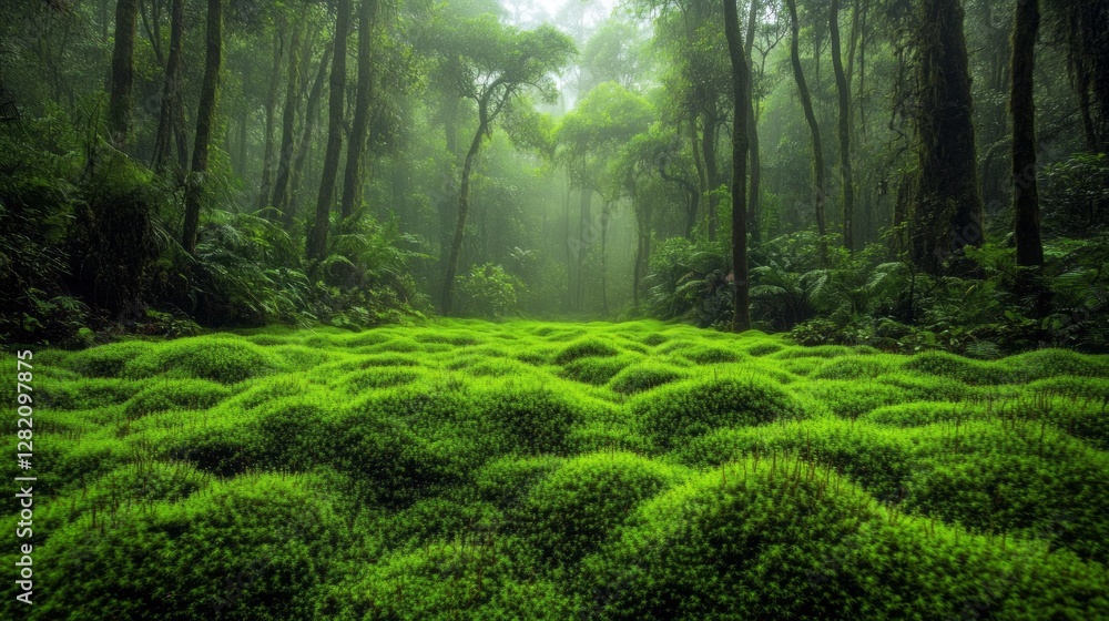 Poster a lush green blanket of moss covers the forest floor, creating a serene and inviting atmosphere. sun