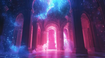Obraz premium Celestial palace among stars, radiant and divine, glowing architecture, cosmic royalty
