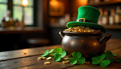 St. Patrick’s Day Pot of Gold in a Cozy Irish Pub, Lucky Deals Await! St. Patrick’s Day Sale promotion Banner, design for advertising, banners, leaflets and flyers., created with generative ai