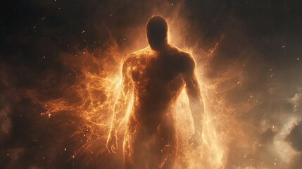 Fototapeta premium Celestial warrior glowing with astral energy, standing in cosmic battlefield, divine and powerful