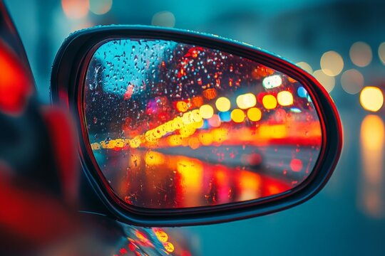 Reflections of colorful city lights and rain on a car side mirror during a rainy evening drive