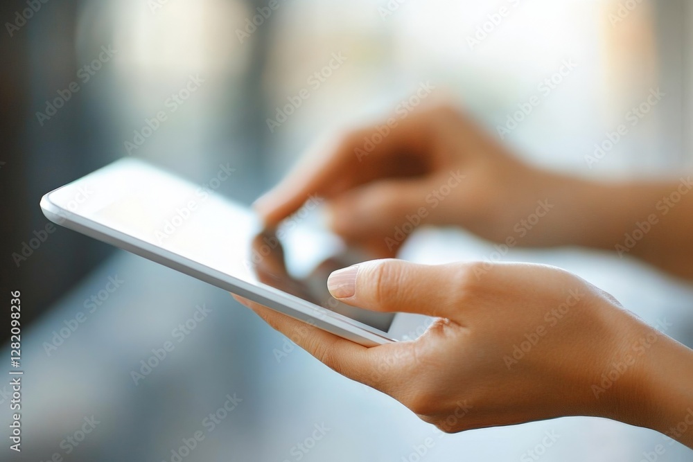 Poster hands using a tablet device in a bright, modern environment during the daytime