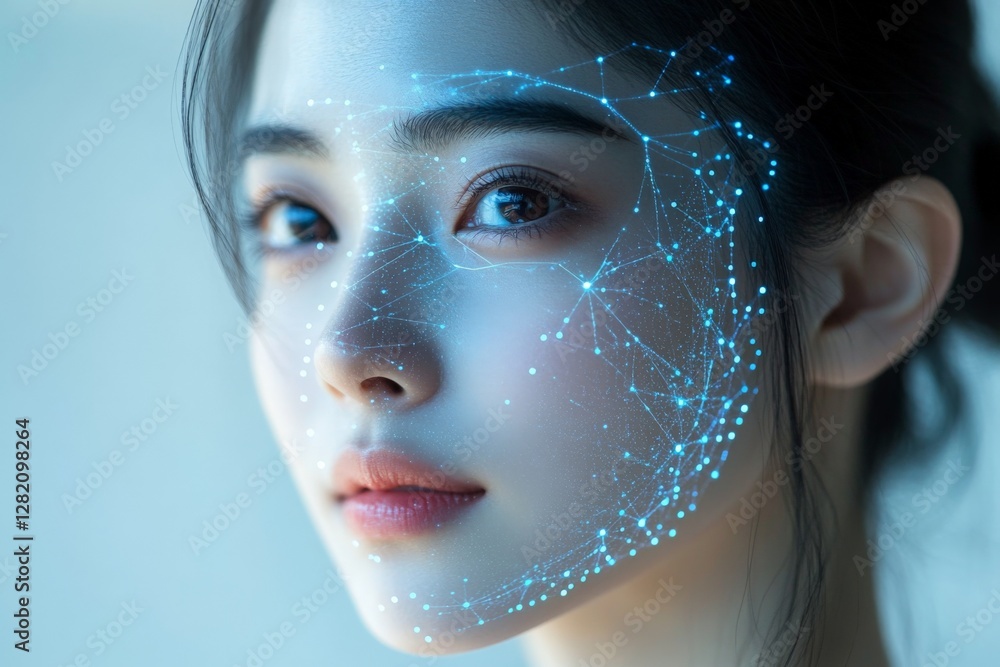 Aufkleber innovative facial recognition technology showcasing digital patterns on a model's face in a bright u