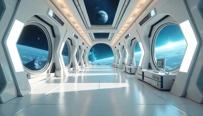 Futuristic spaceship hallway with panoramic view. Bright modern lab interior in 3D rendering. Space station with earth view through windows. Virtual reality environment. Science fiction concept.