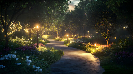 A lush garden pathway illuminated by subtle landscape lighting under a twilight sky