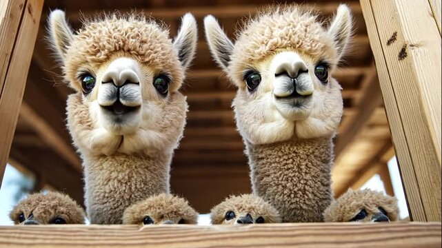 Two Brown Alpacas and Their Crias Peek Over Wooden Fence