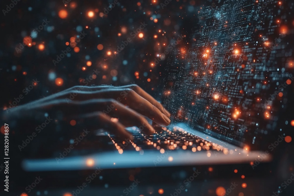 Poster hands typing on a keyboard with glowing data in a dark atmosphere illustrating digital innovation